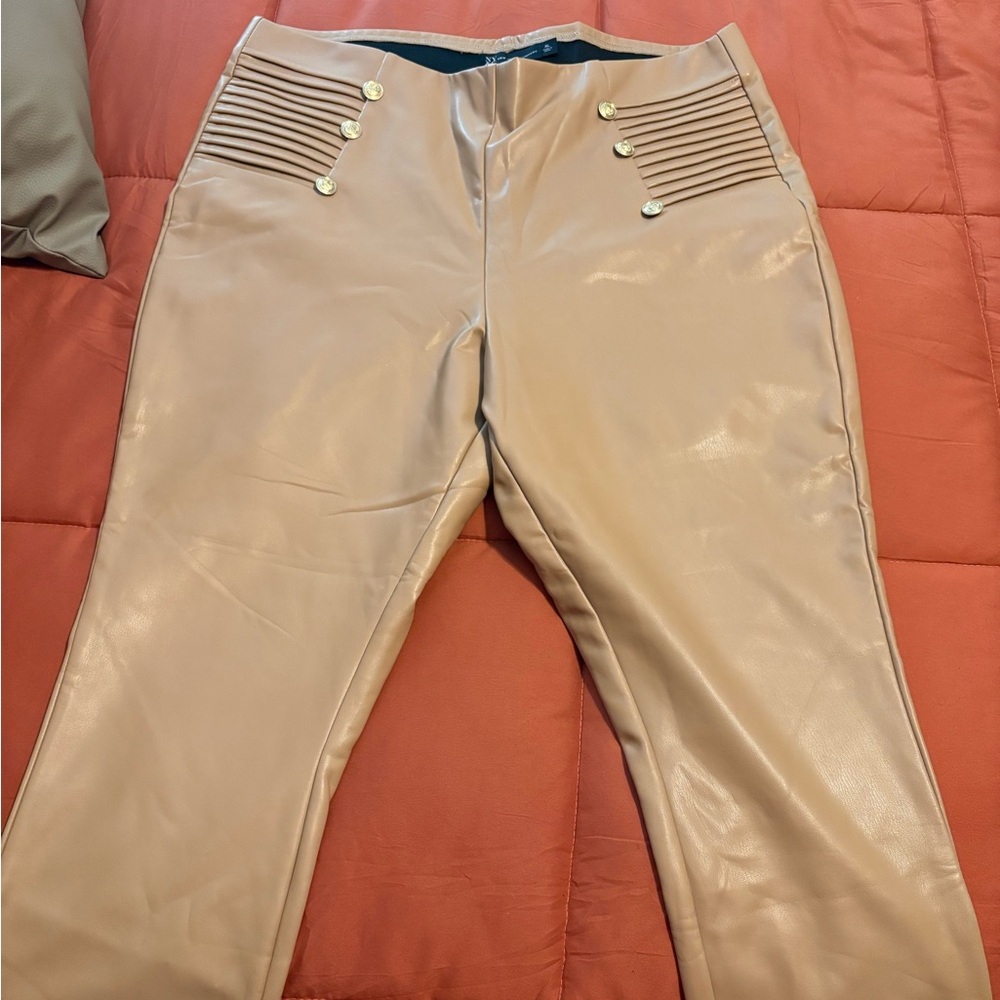 Women’s  Tan faux leather leggings with Button Detail